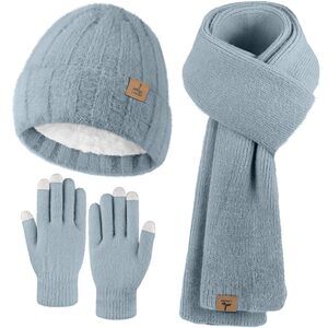 6495 Light Blue Winter Beanie Hat Scarf Gloves, Warm Fleece Knit Hat Long